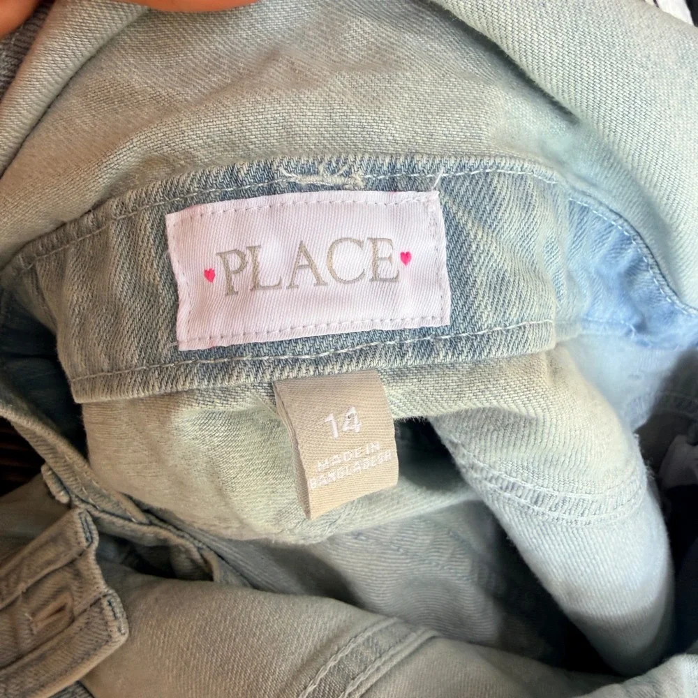 The Children's Place Girls 14 Denim Overall Distressed Patches Light Embroidered